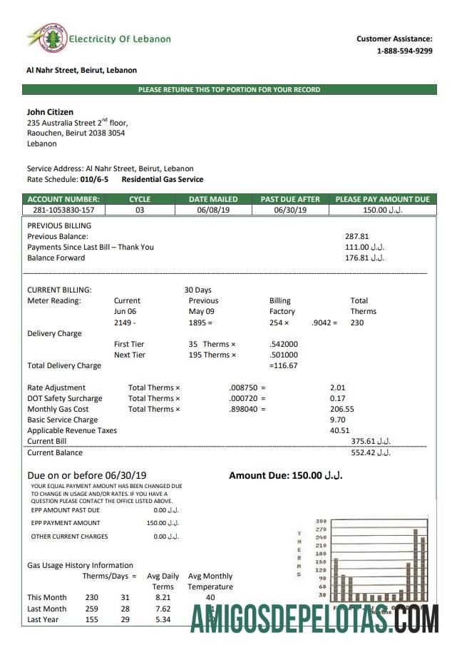 realista Modelo de conta de serviços públicos de eletricidade do Líbano no Líbano em formato Word e PDF